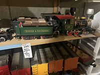 Shelf with Denver & Rio Grande #19 steam locomotive and tender, plus Great Northern #71 locomotive behind