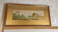 Full view of antique watercolor painting in frame with ruler showing size about 10.5 by 20.5 inches.