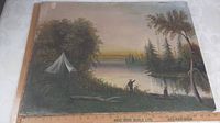 Full view of the oil painting showing tent, trees, lake, and figures near shore.