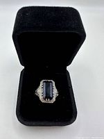 Ring displayed in black velvet box, top view