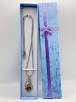 Full view of pendant and 18-inch chain inside blue box with purple ribbon.
