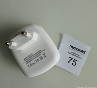 White travel plug adapter with two round pins and model, voltage, and certification details visible on the back.