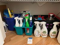 Overview of the cleaning supplies, plastic carriers including spray bottles, and a blue bucket with cleaning tools.