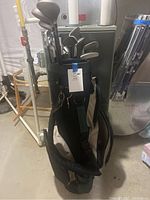 Golf bag filled with golf clubs including irons and woods
