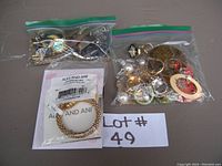 Photo showing 3 plastic bags containing the watches, tangled necklaces, and Alex and Ani bracelet with lot number sheet