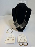 Image showing the necklace displayed on a black bust, alongside the bracelet and both pairs of earrings on Banana Republic branded cards.