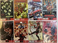 Top view showing all 8 comic books with colorful covers displayed, featuring various Deadpool scenarios and characters.