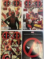 Photo showing issues #2, #3, and #4 of Deadpool Kills Deadpool comics with detailed action cover art and minimalist design on #4.