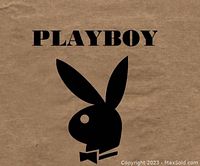 Photo of the black Playboy bunny logo on brown paper background, possibly calendar cover or packaging