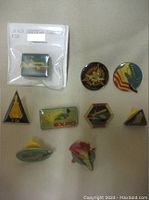 Nine assorted vintage space shuttle pins laid out on a gray surface. One pin is in original sealed packaging labeled 'Space Shuttle Cabinet Pin.'