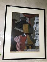 Front view of the framed art print showing the entire composition in muted earthy tones with abstract vases.