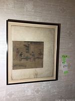 Framed Asian art print hung on wall, frame size label 17x19 inches visible.