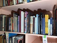 Shelf view showing mix of art, travel and fiction titles.