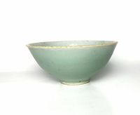 Side profile of the light green antique ceramic bowl showing shape and glaze color.