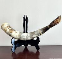 Side view of the curved ox horn ornament displayed on a black stand.