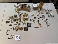 Full assortment of costume jewelry laid out on a table including brooches, earrings, barrettes, hair pins, and assorted trinkets.