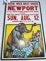 Full view of the Royal Wild West Circus poster showing the date, location, and colorful illustration of elephant and clown