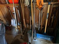 A selection of garden tools including shovels, rakes, and a snow shovel, all stored inside a wooden shed.
