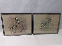 Two framed vintage bird prints displayed side-by-side showing the full artwork and frames.