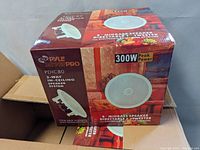 Box of Pyle PDIC80 in-ceiling speakers showing product photo, features, and 300W peak power rating.
