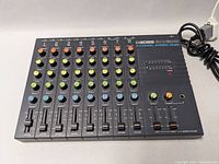 Top angle view of the BOSS BX-800 8 channel stereo mixer showing control knobs and sliders, power cable visible.