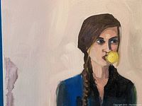 Close-up of subject showing female figure with braid blowing a yellow bubblegum bubble.