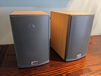 Front view of two PSB Alpha Intro bookshelf speakers side by side on wooden surface, showing wood veneer side panel and grey metal grille.