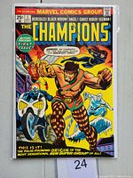 Front cover of The Champions #1 comic book from 1975 with full color artwork featuring Marvel superheroes Hercules, Black Widow, Angel, Ghost Rider, and Iceman.