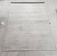 Top view of white carpet with grey accents laid out on tiled floor showing overall design and size.