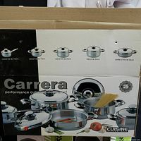Box front showing pictures and sizes of all 10 pieces in the stainless steel cookware set.