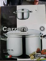 Box showing product image and branding. Large 16L marmite stock pot by Carrera, made in Italy, stainless steel 18/10.