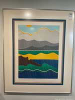 Framed and matted print showing full abstract landscape with rain motif and sun