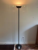 Full view of the tall floor lamp with metal base and slender pole, showing the glass diffuser top and power cord on carpet.