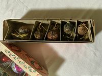 Box with 5 natural material bird ornaments, each in its own compartment in cardboard box with string hangers visible