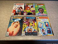 Top side view of six Married with Children comics laid out in two rows of three. Covers show photographic and illustrated characters from the TV show.