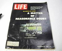 Front cover of LIFE magazine November 25, 1966 issue titled 'A Matter of Reasonable Doubt' focusing on Kennedy assassination film frames and Warren Report controversy.