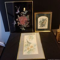 Three bird themed framed pictures - large floral bird picture, medium gold framed bird image, vertical birds and flowers picture