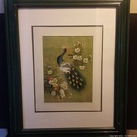 Full view of framed print showing peacock among white flowers on green background inside a dark frame.