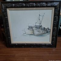 Frontal image of the framed vintage boat painting by Shain, showing two boats named 'Concord' and 'Hairy Mouth' in a dark carved wooden frame.