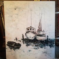 Full view of the oil painting showing boats docked on water.