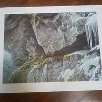 Full view of the color print showing a bobcat on snowy cliff