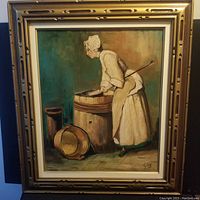 Front view of the framed oil painting showing the scullery maid scene and the ornate gold frame