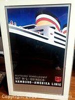 Framed Art Deco lithograph poster of the Hamburg-Amerika Line ocean liner