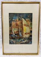 Full view of vintage matted and framed sailboat painting with yellow sail and buildings in background