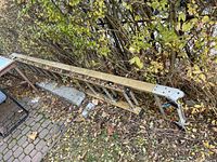 Full view of yellow metal extension ladder resting on ground near shrubbery, showing ladder's length and condition.