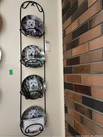 Four Paul Doyle West Highland Terrier collectable plates displayed vertically on a black metal wall hanger mounted on a white wall. Plates feature realistic dog portraits in neutral backgrounds. A registration certificate is visible in front of the bottom plate.