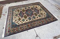 Full view of rug on concrete showing overall pattern and size.