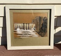 Framed pastel painting of Elora Dam signed by F.W. Scanlon, showing front view including colors and details of the artwork.
