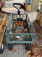 Front view of green metal utility cart with handle and mesh sides, showing leaves inside.