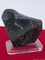 Front and side view of dark soapstone bird figurine on clear display stand against red background, showing carved shape and white incised markings.